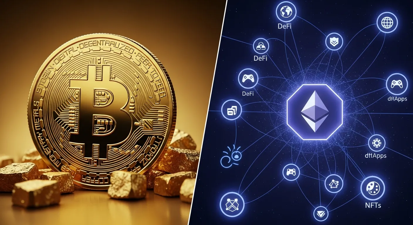 A visual comparison of Bitcoin as digital gold (a gold coin with BTC logo) vs. Ethereum as a decentr