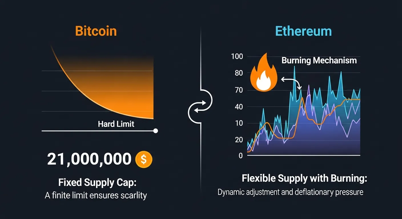An infographic showing Bitcoin's fixed supply cap (a diminishing supply graph reaching a hard limit)