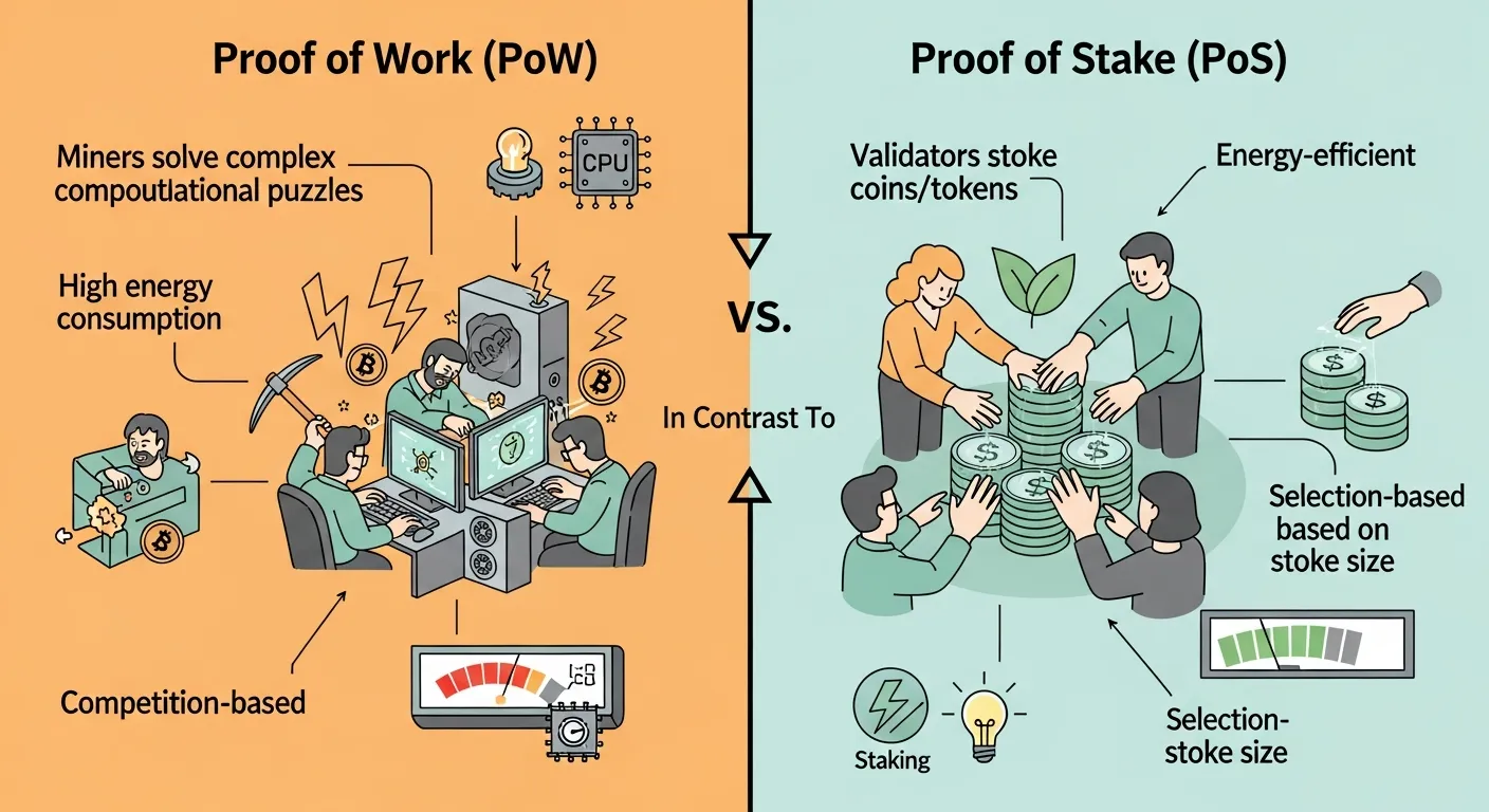 A diagram illustrating the difference between Proof of Work (miners solving complex puzzles, high en