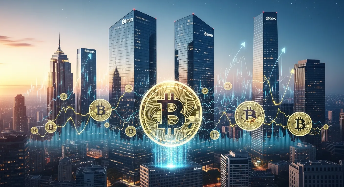 A representation of institutional adoption of Bitcoin, showing corporate buildings and financial cha
