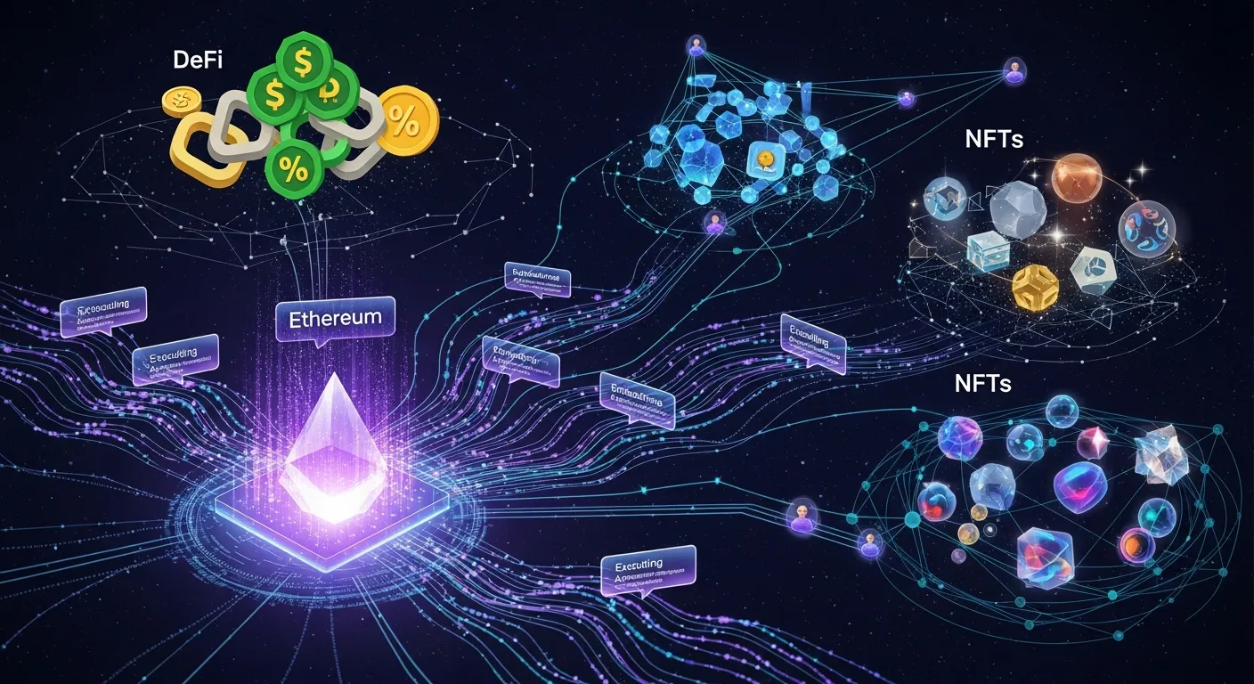 A futuristic depiction of the Ethereum ecosystem, with smart contracts automatically executing agree