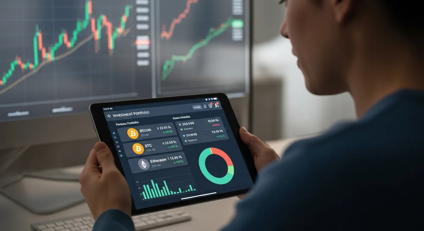 A person looking at a cryptocurrency investment portfolio on a tablet, showing a diversified allocat