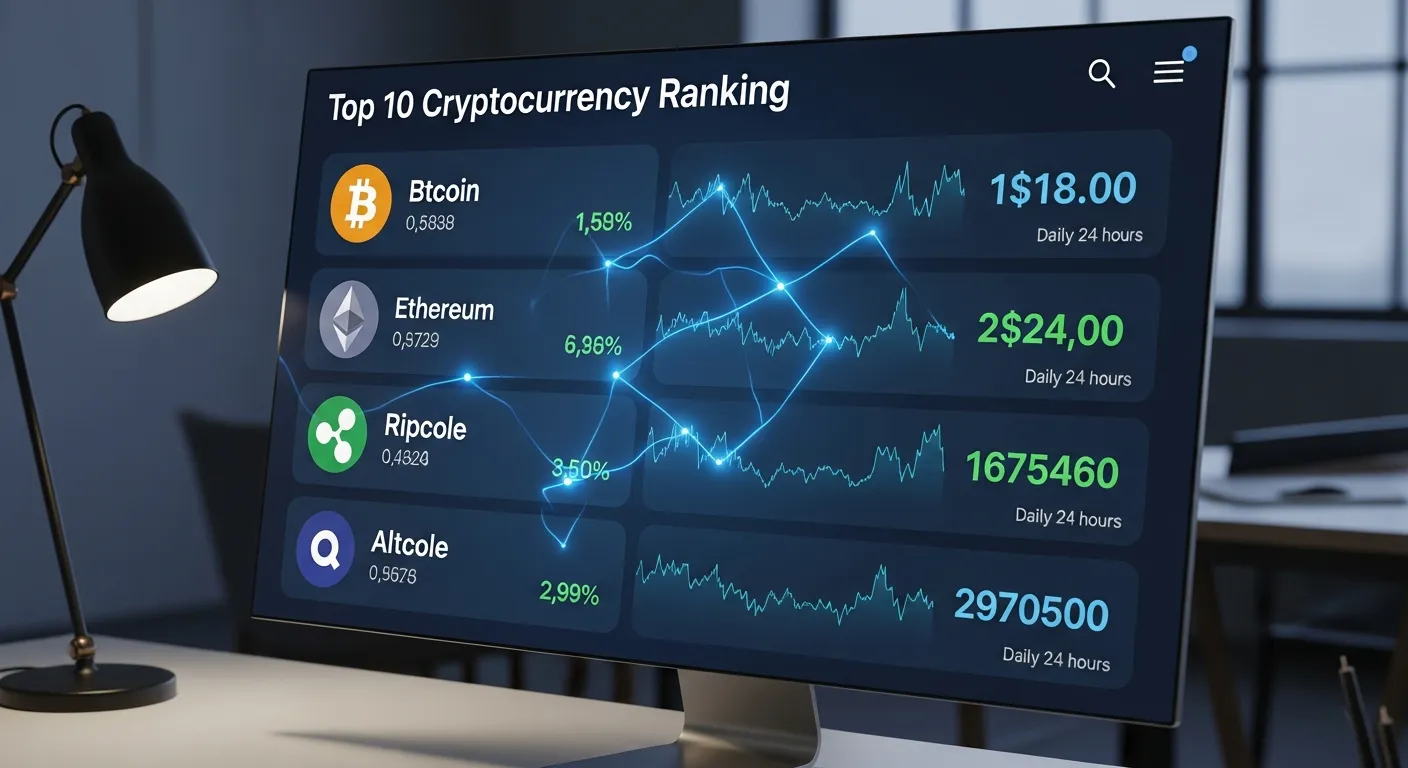 A digital display showing a top 10 cryptocurrency ranking with various coin logos and price charts,