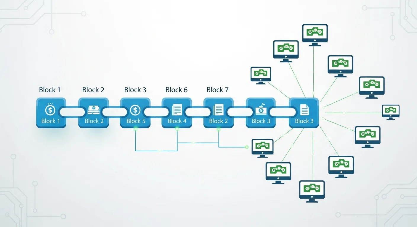 A simplified diagram illustrating blockchain technology, with interconnected blocks representing tra