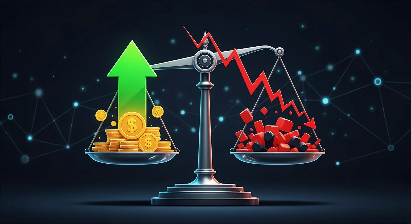 A stylized graphic representing cryptocurrency investment, with a weighing scale balancing large fin