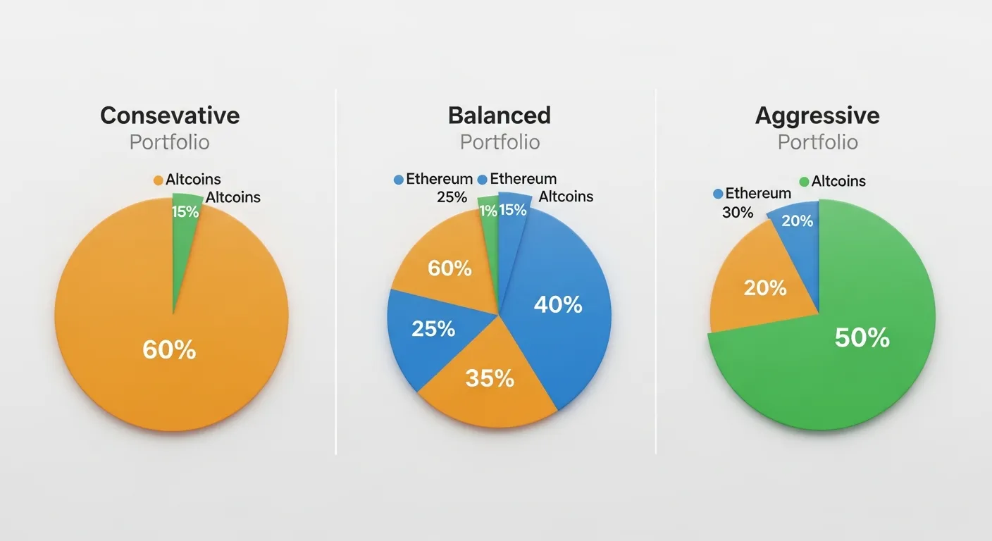 A series of three distinct pie charts side-by-side, each representing a different cryptocurrency inv