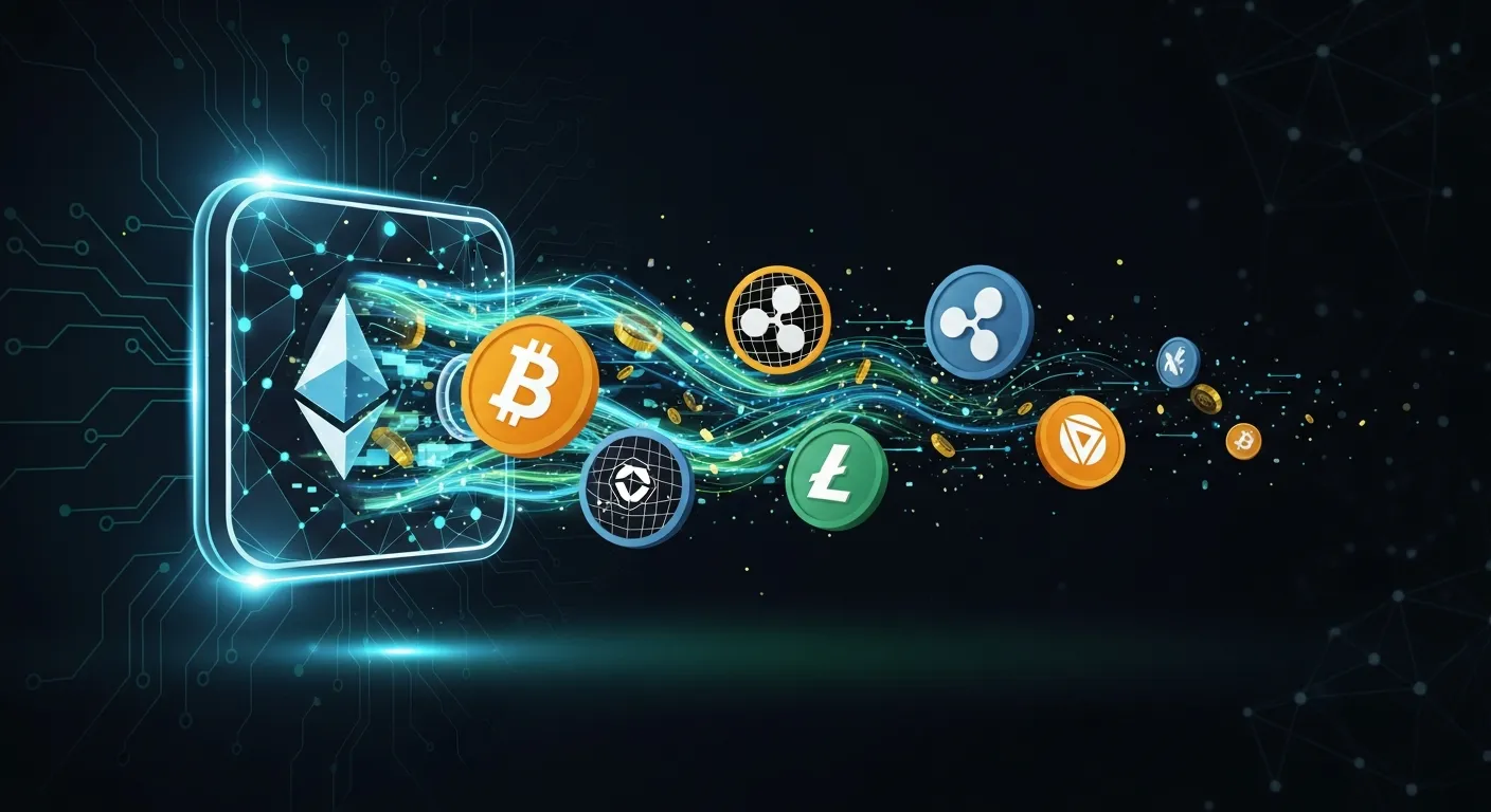 An abstract digital wallet icon with cryptocurrency symbols (Bitcoin, Ethereum, etc.) flowing into i