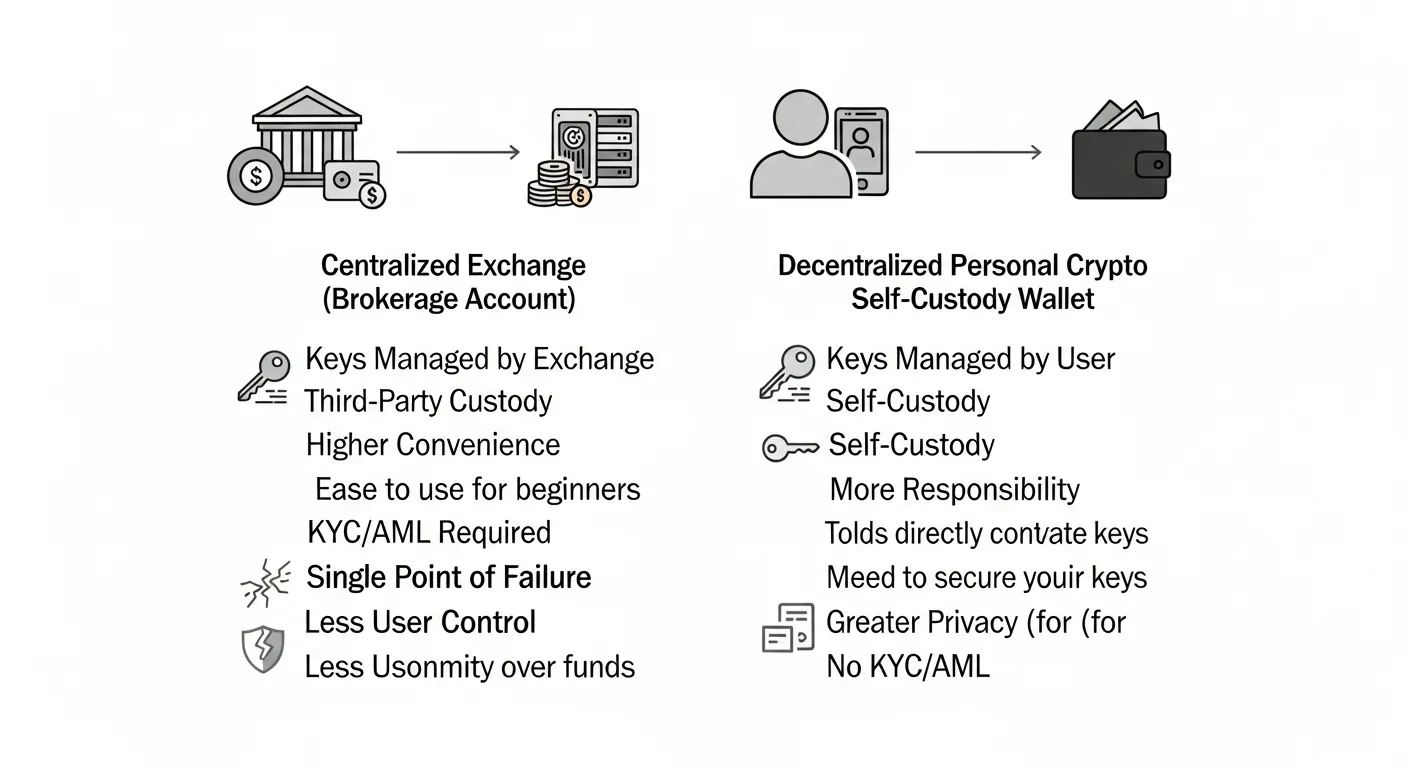 A diagram comparing a centralized exchange (brokerage account) with a decentralized personal crypto