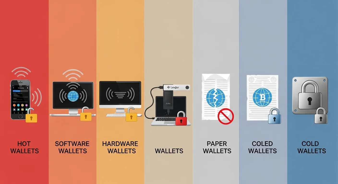 A visual spectrum illustrating different types of crypto wallets from hot to cold, with internet con