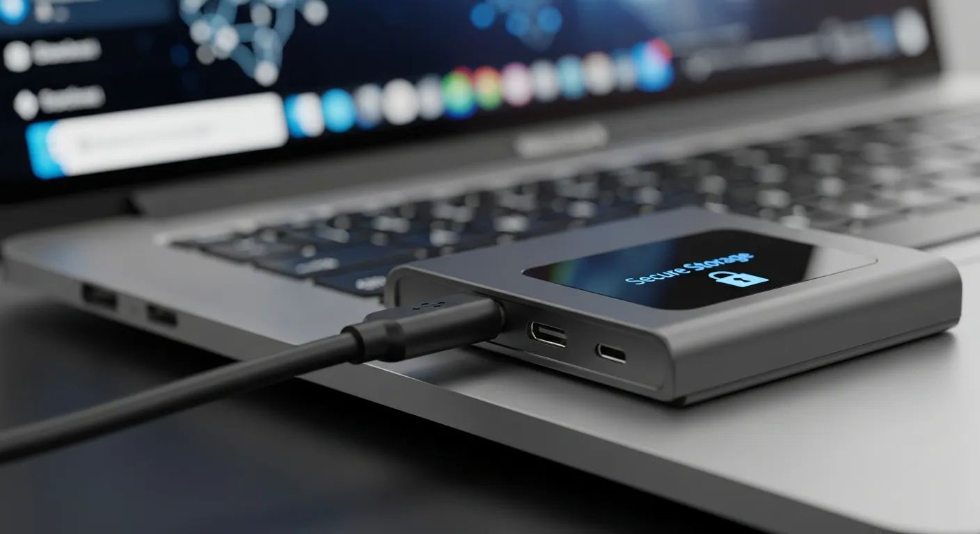 A close-up of a sleek, modern hardware crypto wallet device (e.g., Ledger or Trezor) connected to a