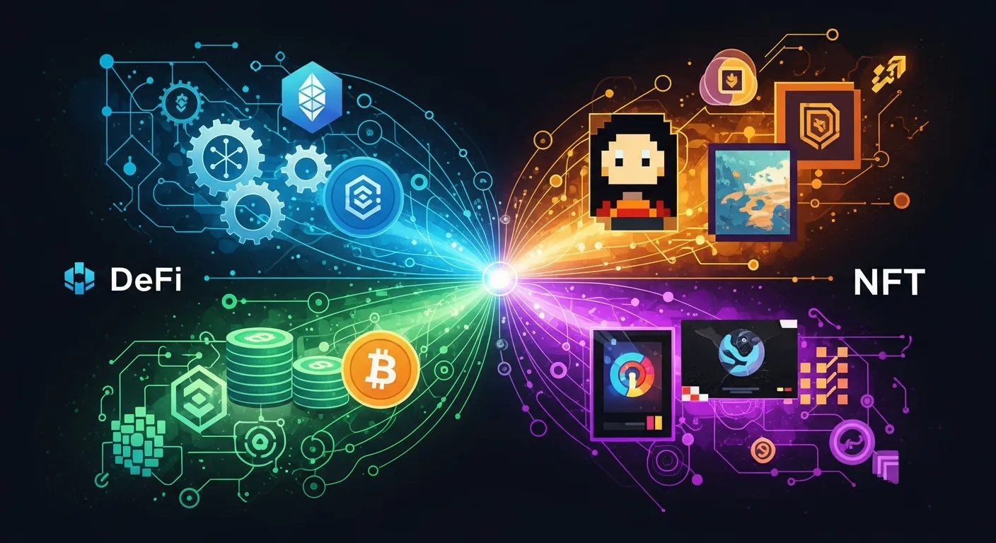 An abstract representation of DeFi and NFT ecosystems, with symbols of decentralized finance protoco