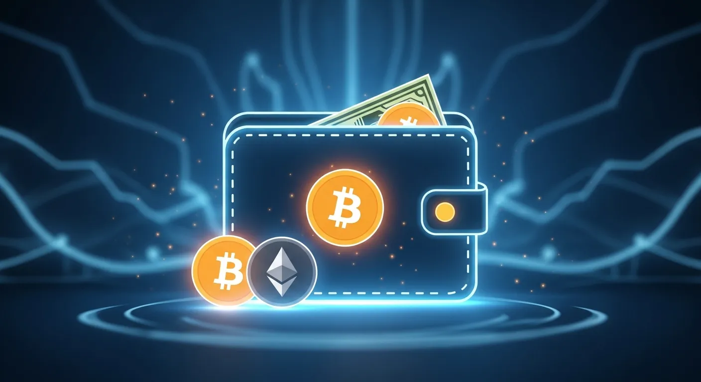 仮想通貨のシンボルが輝く、未来的なデザインのデジタルウォレット。