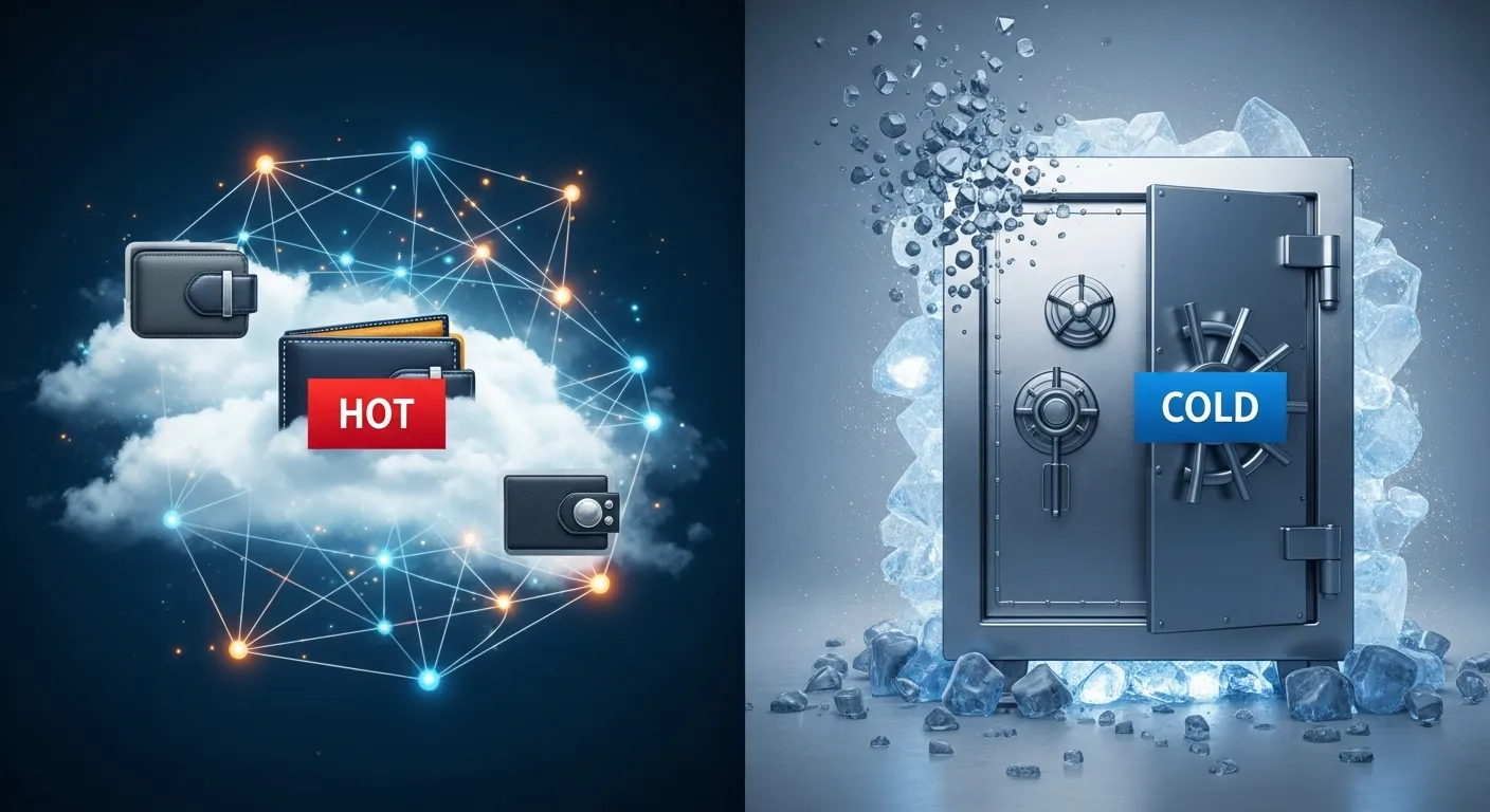 ネットワークにつながる流動的なイメージと、頑丈な金庫のようなオフラインのイメージが対照的に描かれている。