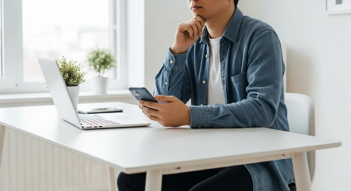 デスクに座り、ノートパソコンとスマートフォンを前に新しいことを始める準備をしている人の姿。