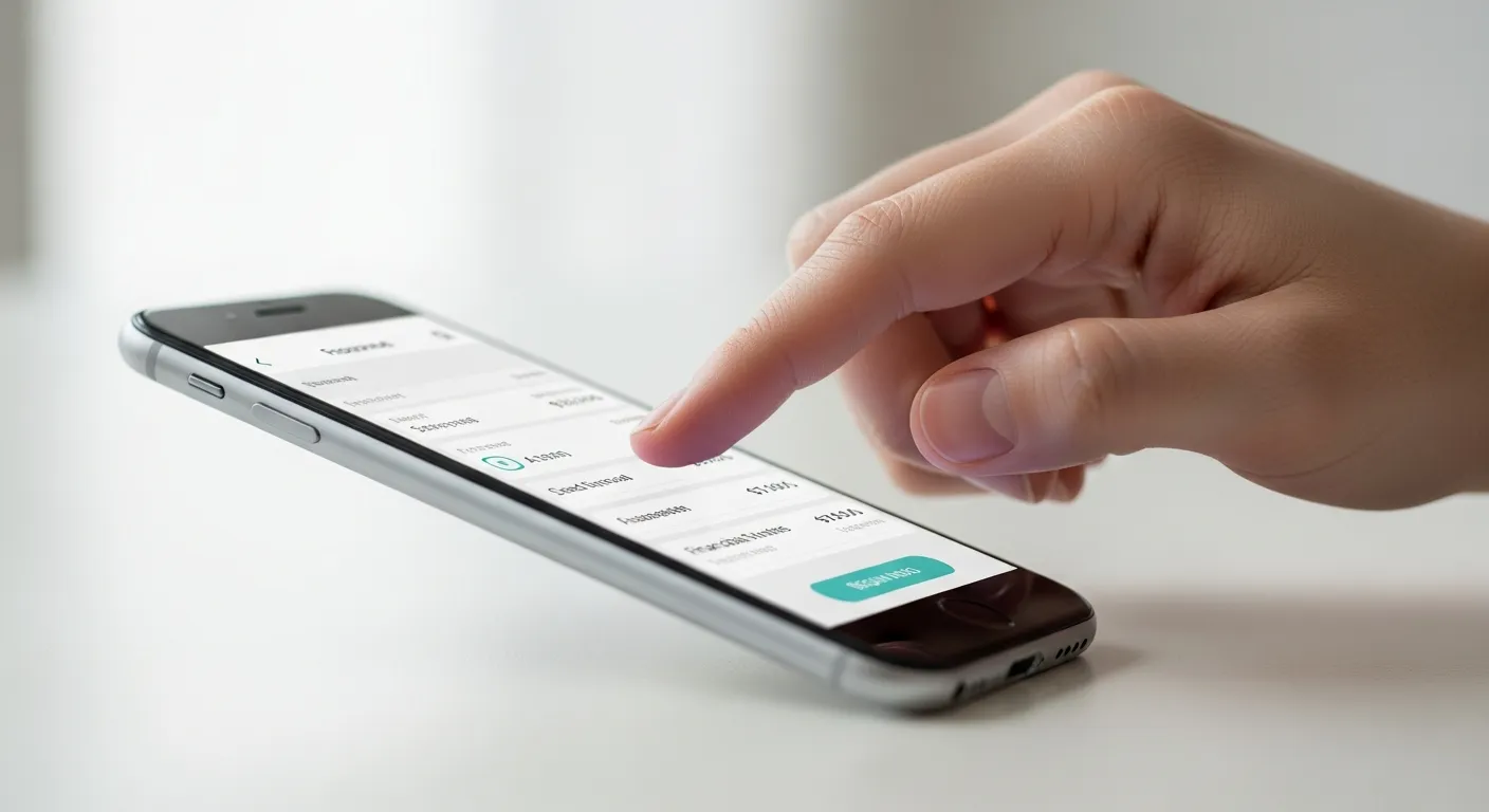 明るい空間で、スマートフォンに表示されたシンプルで使いやすい金融アプリのインターフェースを指で操作する手元。