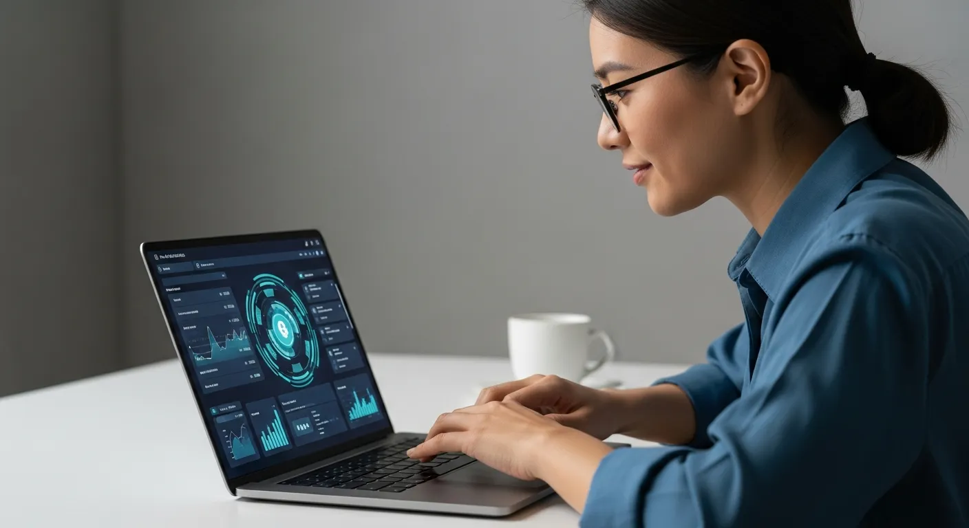 ノートパソコンやタブレットの画面に映る未来的な金融インターフェースを真剣な表情で見つめる人物