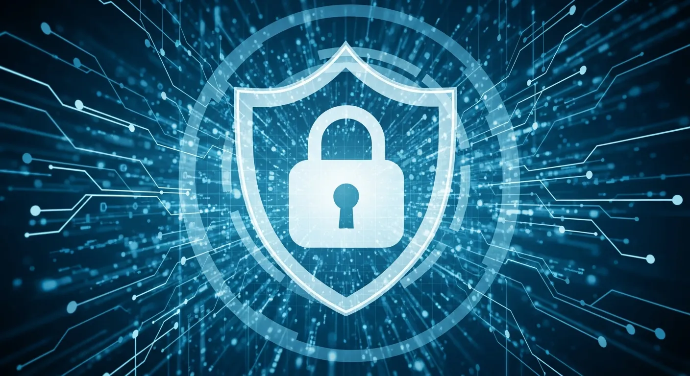 抽象的なデータストリームを背景に、堅牢なデジタルロックや盾のアイコンが重なり、デジタル金融システムの安全性を象徴する