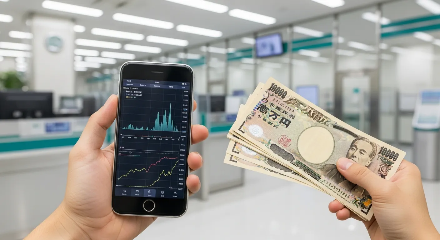スマートフォンに仮想通貨のチャートが表示され、もう一方の手に日本円の札束が握られている。背景には清潔感のある銀行のロビーが広がる。