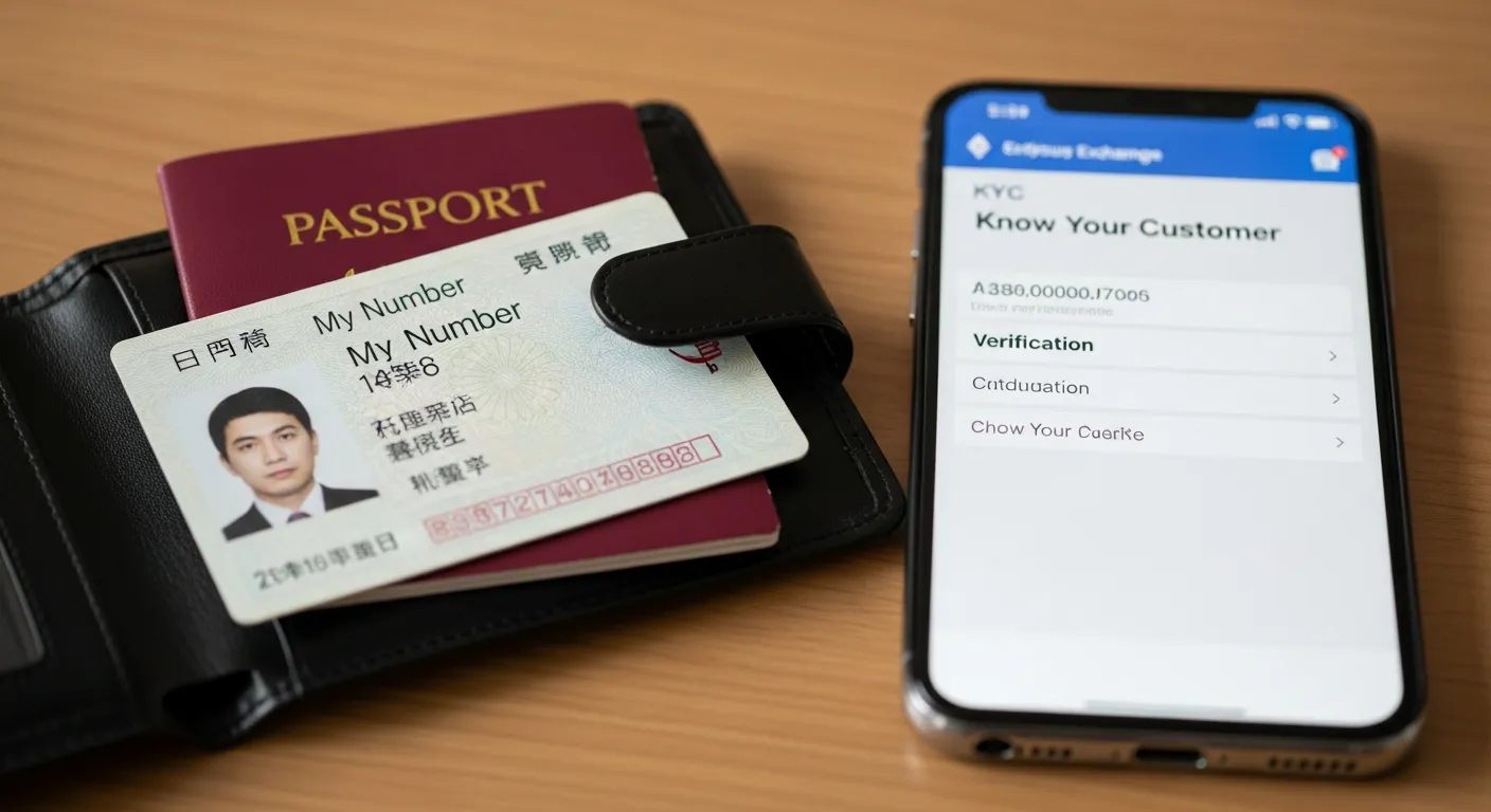 机の上に開いた財布から日本の運転免許証とパスポートが見え、隣に置かれたスマートフォンには仮想通貨取引所の本人確認画面が表示されている。